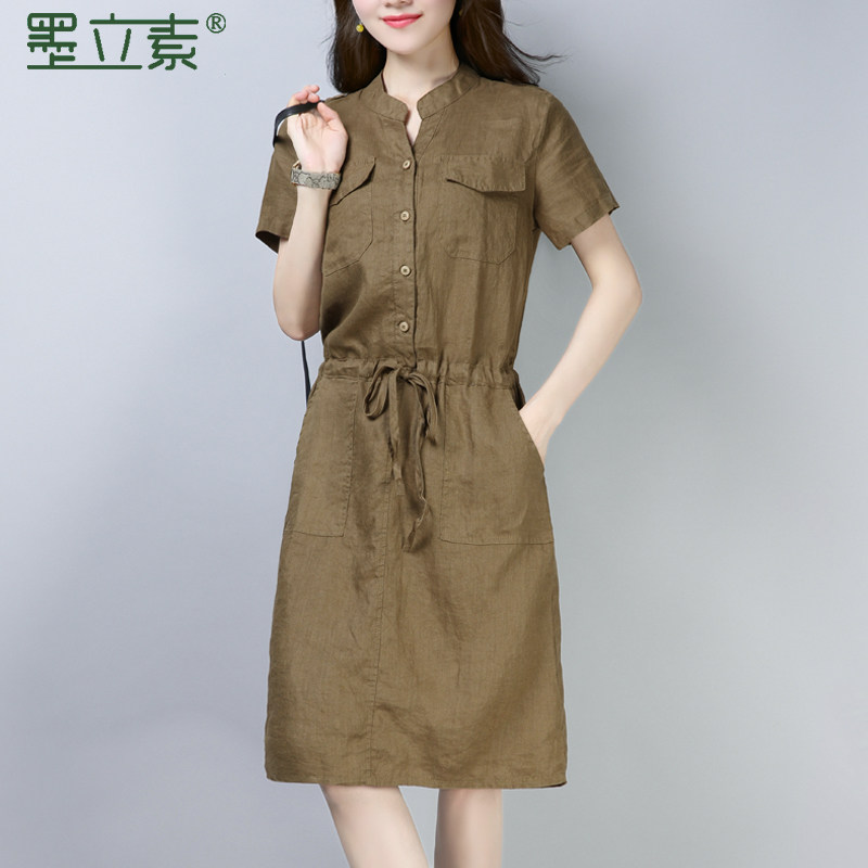 Cotton linen dress in summer medium long version 2022 new Korean version loose casual 100 lap collection waist display slim linen A word dress