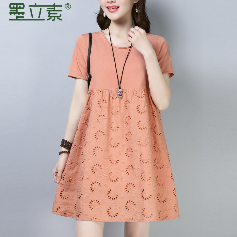 Cotton Linen Dress Summer 2019 New Leisure 100 Hitch Easy large size Splicing Crushed Flower Pure Cotton A long version