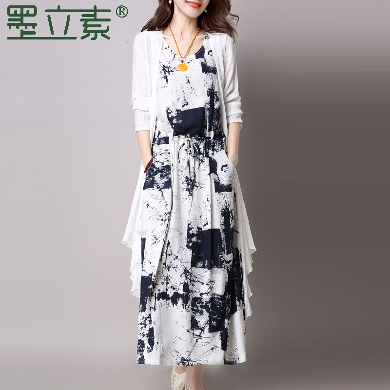 Cotton numb dress with two sets 2022 spring autumn new retro loose national feng shui ink painting suit linen long dress