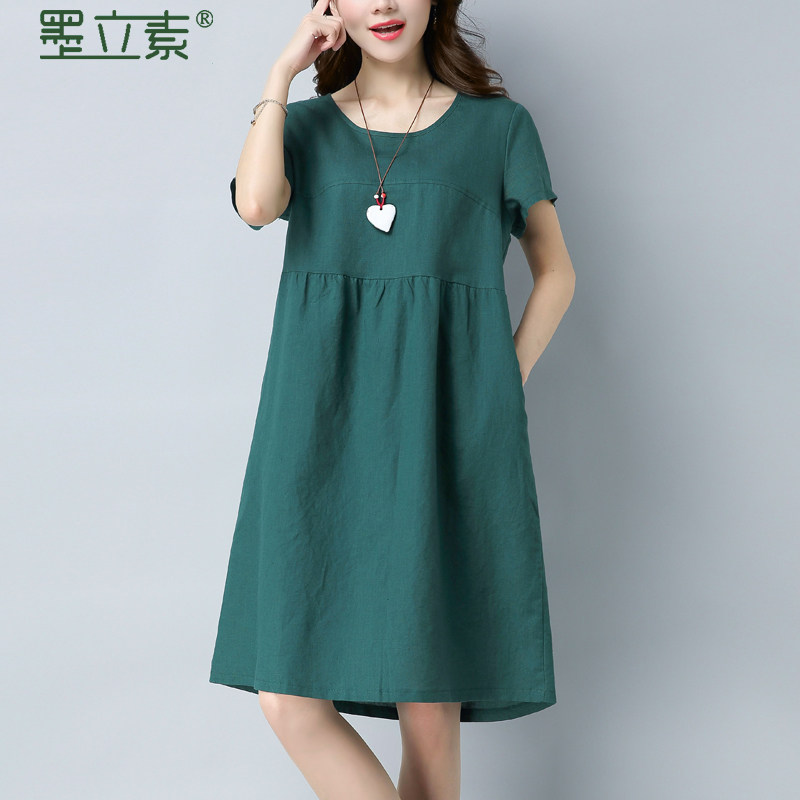 Cotton linen dress women's summer 2023 new Korean version loose large size temperament linen a-line mid-length skirt covering belly