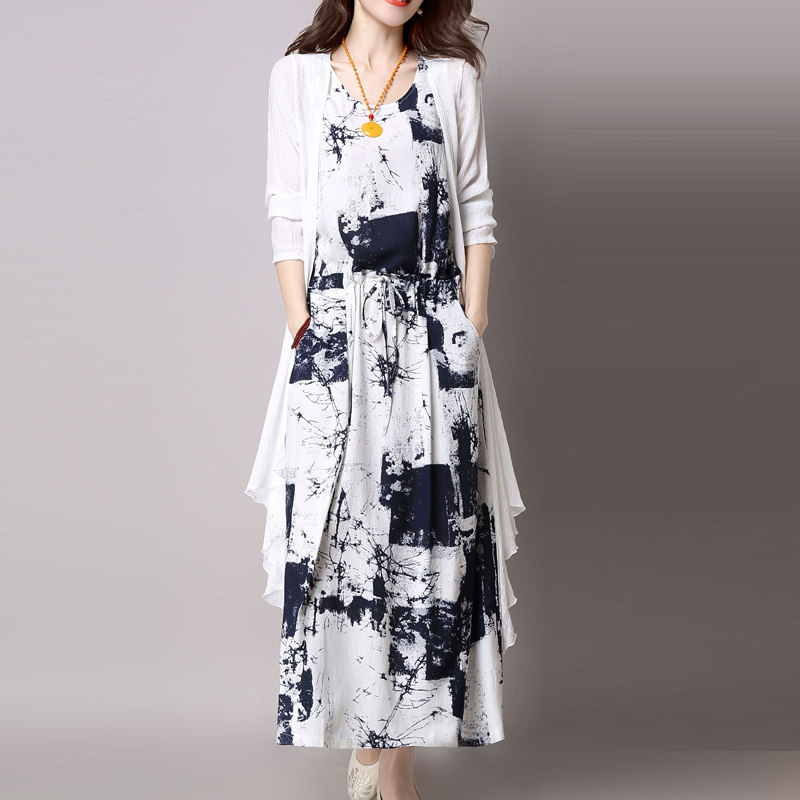 Cotton Linen Dress Woman Medium Long Version 2019 Spring Dress New Retro National Wind Vest Dress Ink Two-piece Suit Dress