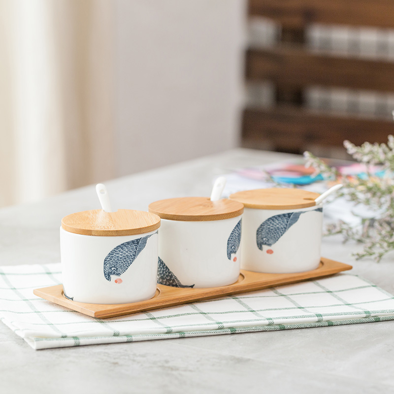 Creative home spice bottles kitchen seasoning ceramic set, cooking pot seasoning box three - piece salt shaker box