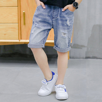 2021 summer new boys  denim shorts medium and large childrens thin mid-length pants with holes for childrens summer wear loose tide