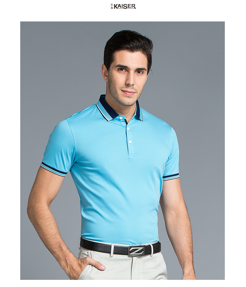 Kaiser / Caesar Solid Color Men ngắn tay áo thun Lapel Polo Áo sơ mi thông thường Thanh niên kinh doanh Thanh niên áo phông kẻ ngang nam