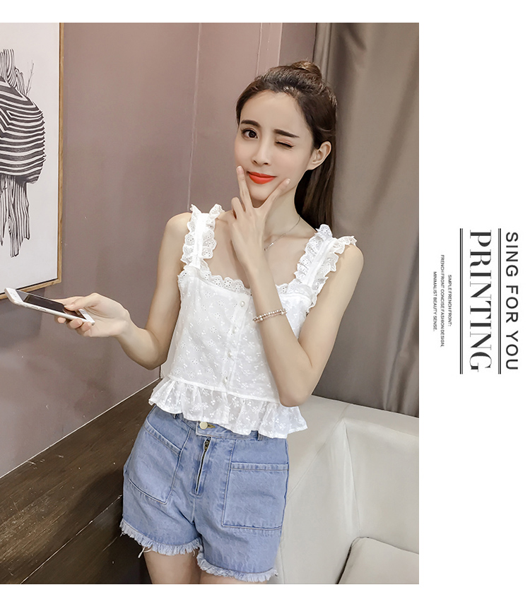 2018 mùa xuân và mùa hè mới móc hoa rỗng bằng gỗ tai ngọc trai khóa nhỏ tươi hoang dã ren áo yếm nữ quần áo nữ