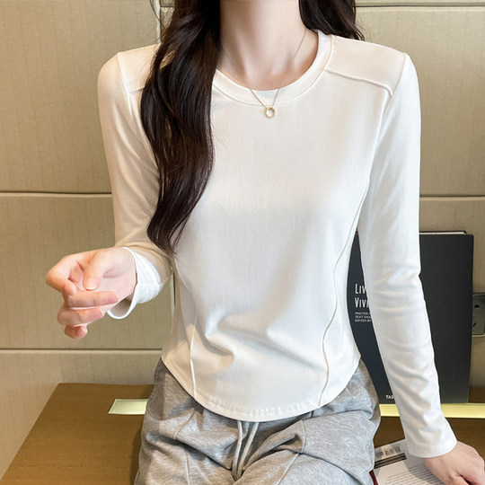 白色长袖打底衫女春秋内搭短款鱼骨小个子上衣设计感修身洋气T恤