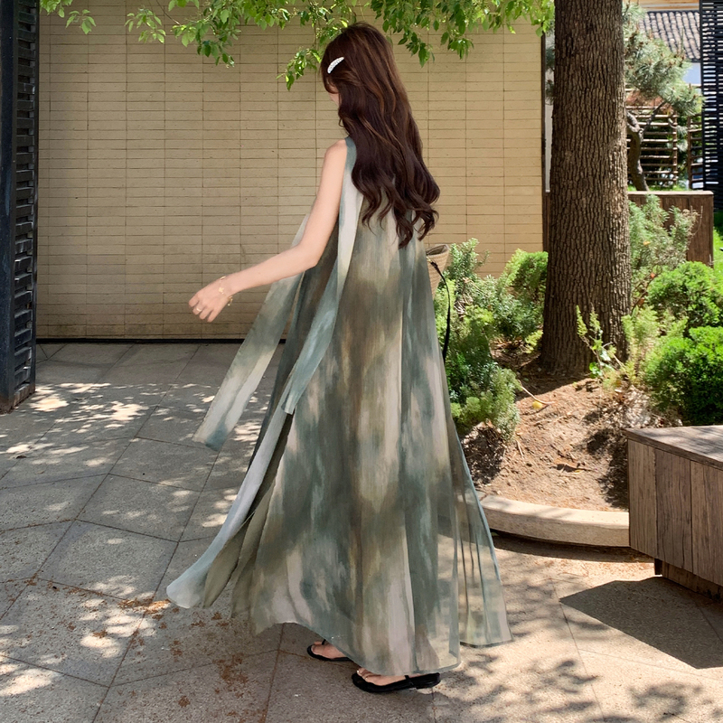 Dark Green Smudged Chiffon Sleeveless Vest Dress for Women, Super Pretty, Ethereal, Cool, High-End, Stunning Holiday Long Dress