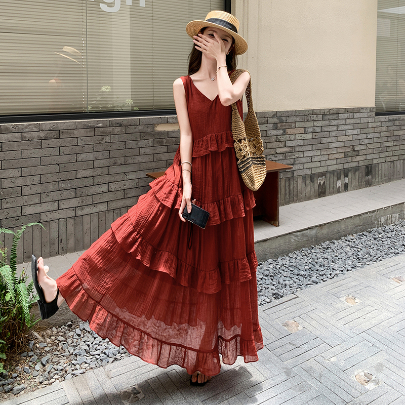Bohemian Resort Style Red Vest Dress for Women, Unique, Beautiful, Stunning, High-End, Fairy-Like Cake Long Dress for Summer