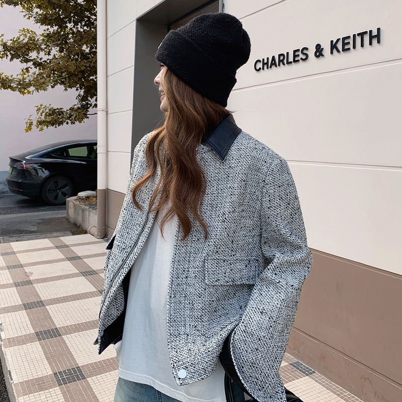 Miu Style Elegant Leather Lapel Short Jacket for Women, Spring and Autumn, Super Stylish High-End Niche Gray Jacket Top