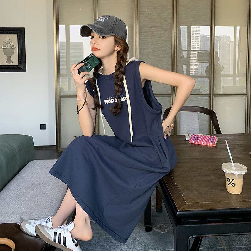 College Style Sleeveless Sweatshirt Dress for Women, Summer, Super Popular, Good-Looking, Age-Reducing, Casual, Sporty, Japanese Style T-Shirt Vest Long Dress