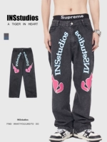 Insstudios Homemade Ins Tide Brand High Street Nishe Lightning Broken Heart, Love Water Phore Jeans Брюки, мужчины и женщины