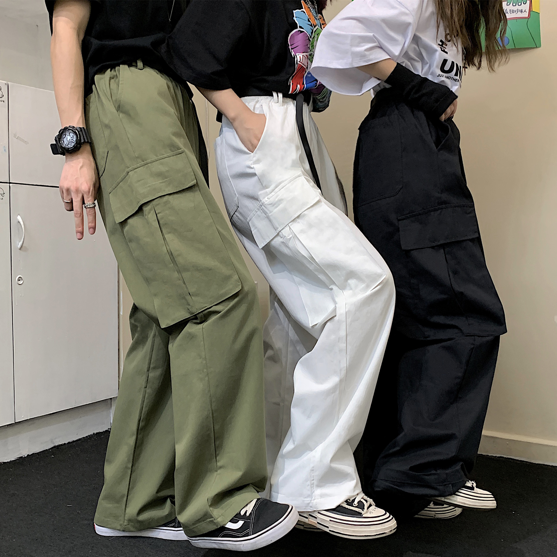 INSstudios Korean ins autumn trend Korean version patch bag all-match solid color overalls casual pants belt