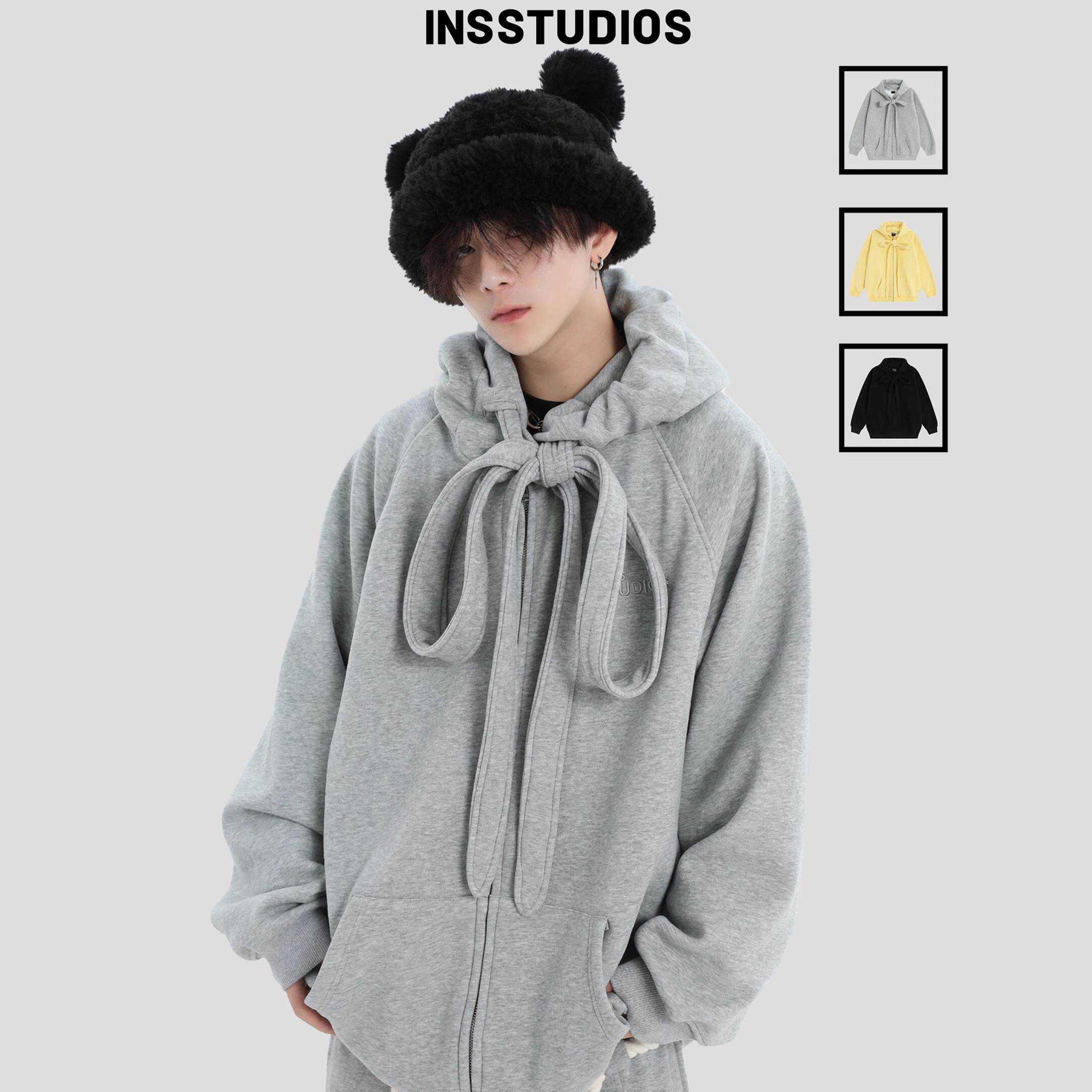 INSstudios национальный бренд tide, пара свитеров с капюшоном в американском стиле, свободный свитер с ремешками, бархатный кардиган, куртка для мужчин Изображение 1