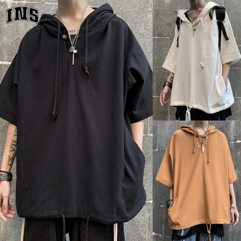 INSstudios South Korea Ins Summer Trend Dark Black Ensemble High Street Tie Caps Loose short sleeves T-shirts Men and women