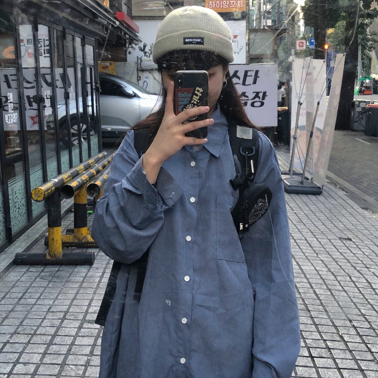 INSstudios 21ss Korea Ins Trend Korean Version 100 Hitch Pure Color Loose Long Sleeve Shirt Shirt for men and women