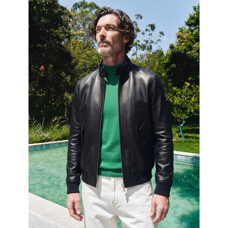 Premium Calfskin Leather Pilot Jacket for Men with Stand Collar, Excella Zipper + Cupro Silk