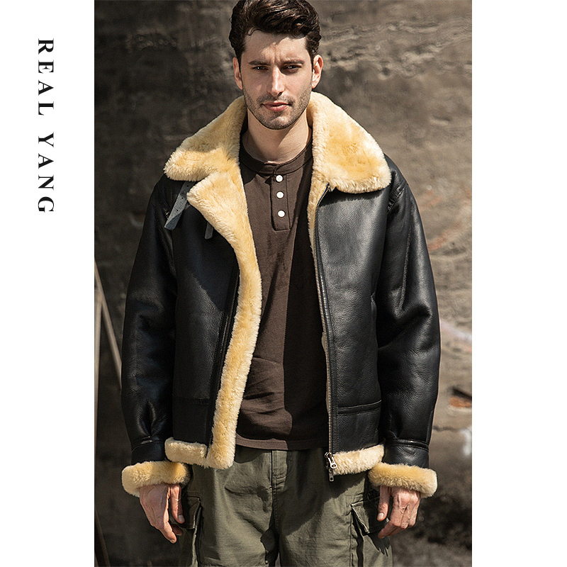 Reproduced British Air Force (Raf) Modified B3 Flight Jacket, Shearling Integrated Leather Coat for Men, Genuine Leather, 18mm Thick Merino Wool