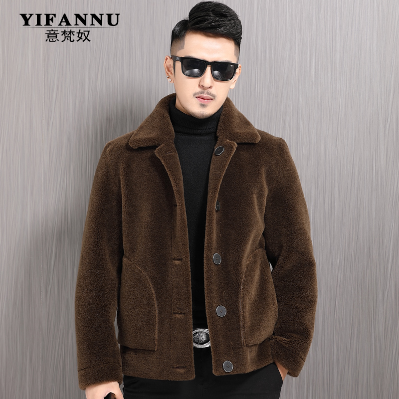 Grain lamb wool Two sides wearing sheen cut suede men's genuine leather turf hair integrated short jacket jacket Korean version of the tide winter