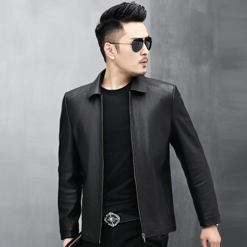 2021 Autumn Winter New Men's Deer Leather Tattoo Goat Leather Jacket Genuine Leather Leather Jacket Short Business Casual Leather Jacket Man