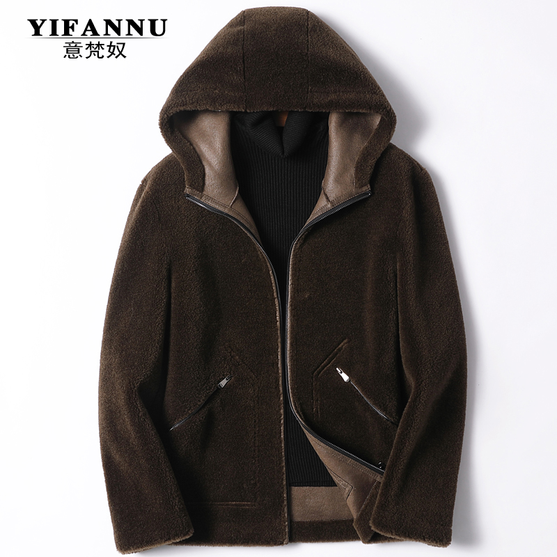 100% wool sheep cut velvet coat for men Short-to-cap leather wool one-piece leather grass lamb jacket with cap jacket