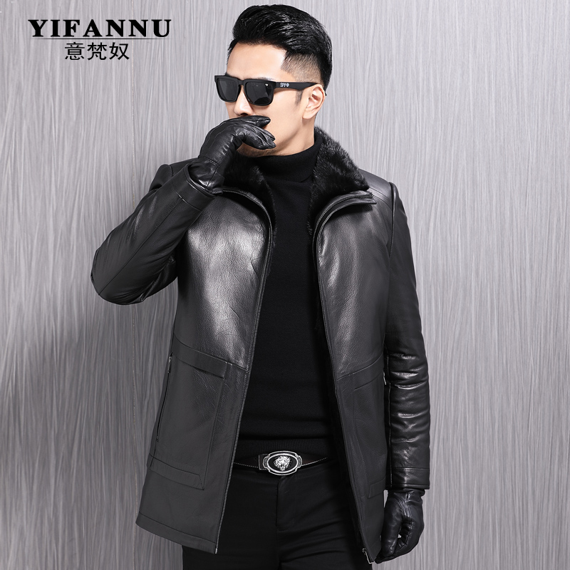 Ferret liner Mountain sheen leather Henning genuine leather fur coat men's medium long version leather grass jacket big coat fur integrated jacket