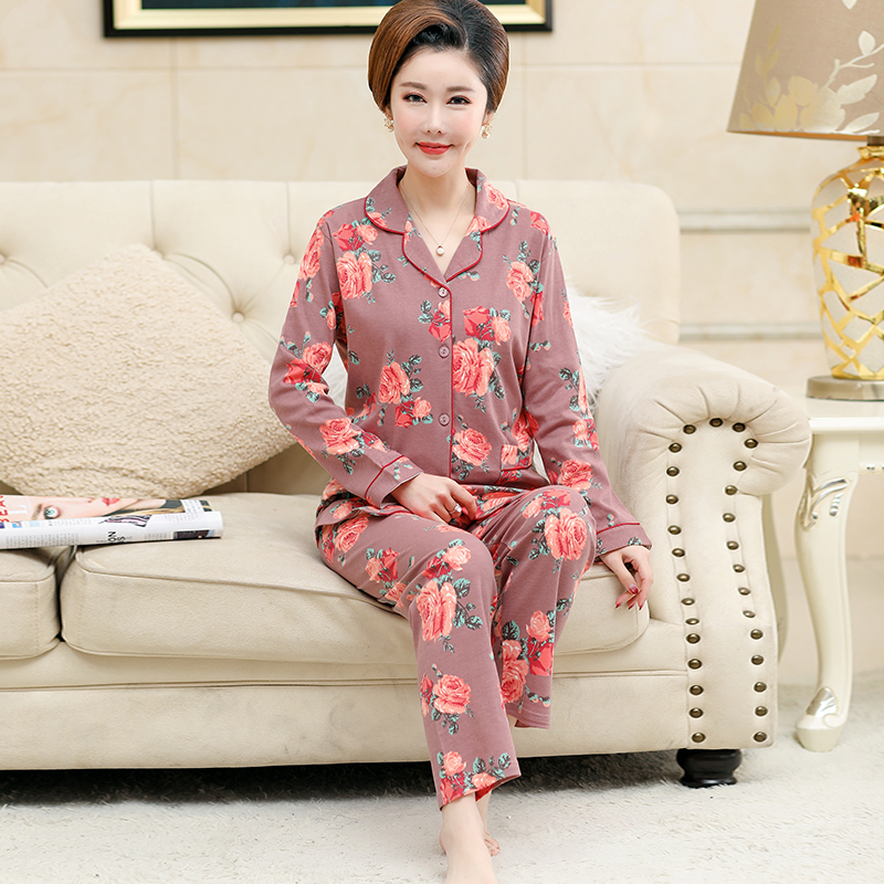 Trung niên mùa xuân pajama cô gái và mùa thu cotton dài tay áo mùa thu nữ trung niên mẹ womens mùa thu mất hai mảnh bộ.