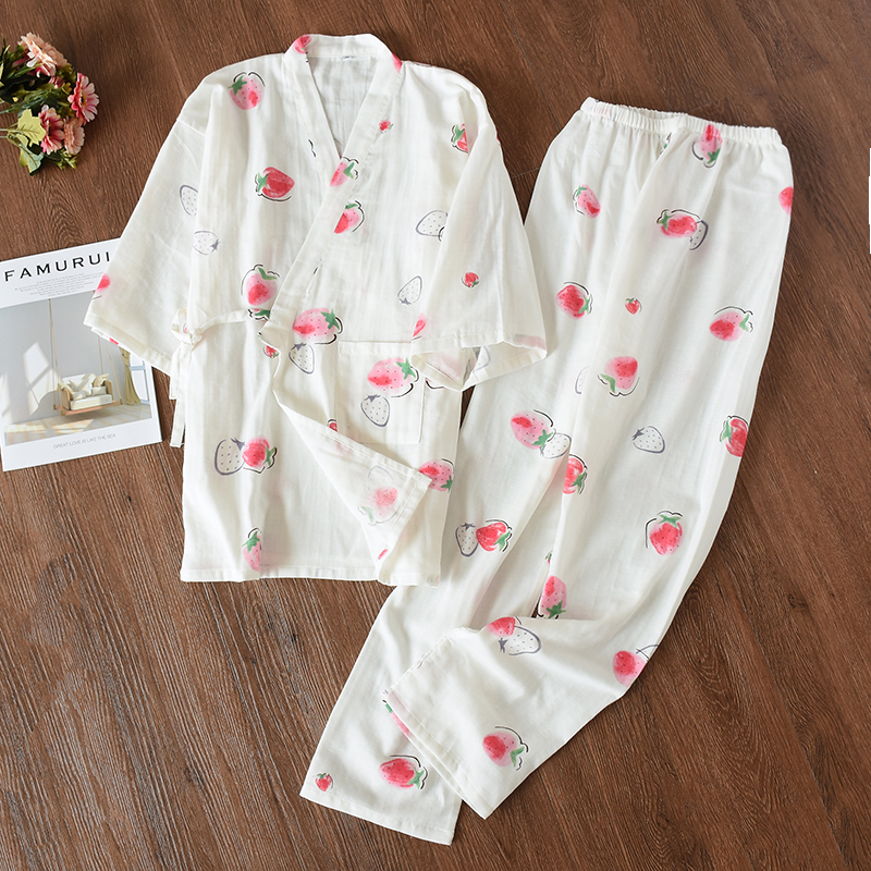 Womens đồ ngủ cotton mùa xuân và mùa thu bông đôi gạc tay áo dép dép phù hợp với Nhật Bản kimono mỏng.