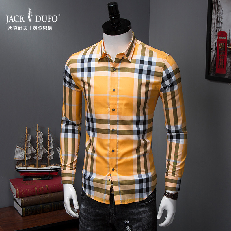 Autumn boutique yellow plaid shirt men's long sleeves light luxury casual handsome men's cotton comfortable slim shirt tide