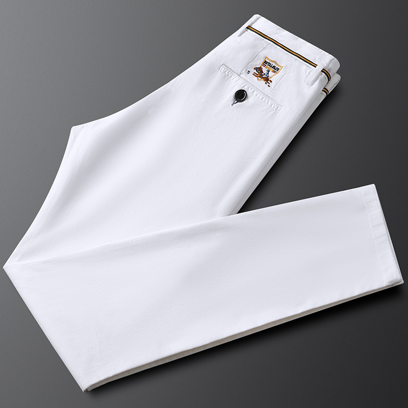 Summer Thin White Casual Pants for Men, Slim Fit, Embroidered, Cotton, Breathable, Simple, Stylish, Men's Straight-Leg Business Pants