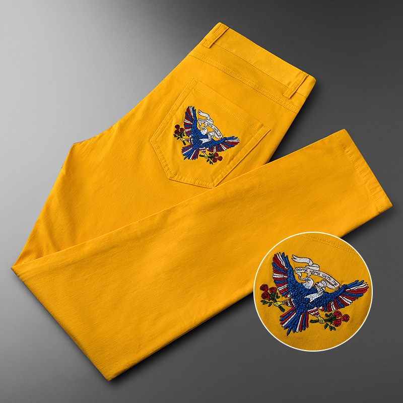 Spring and summer yellow jeans men practice elastic men fashion quality leisure embroidered colored pants male feet