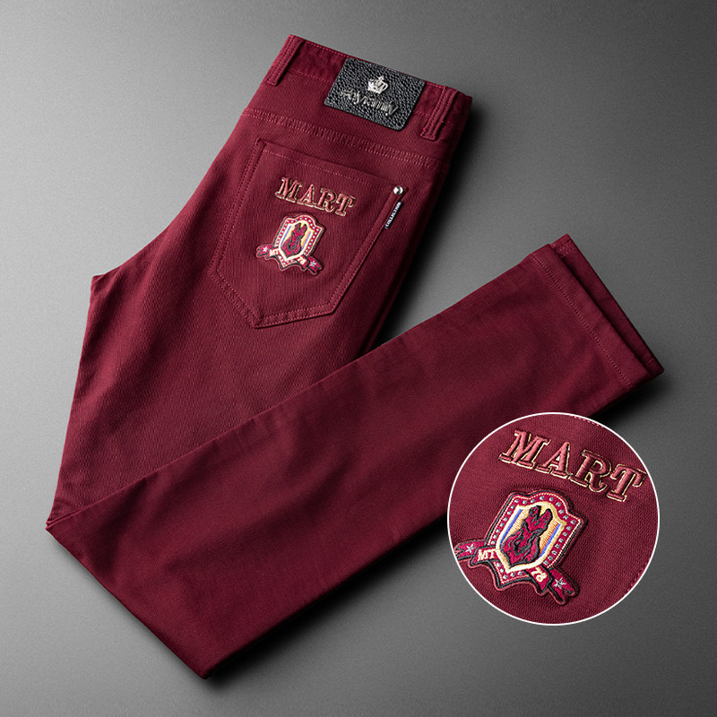 Autumn winter wine red pants men practiced small foot elastic men quality embroidered business leisure pants men middle tide