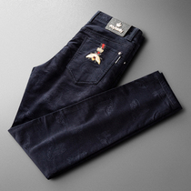 Winter Thick Style Casual Pants Mens Body Small Straight Drum Warm Mens Embroidery Printed Little Honeybee Light Core Suede Pants Man