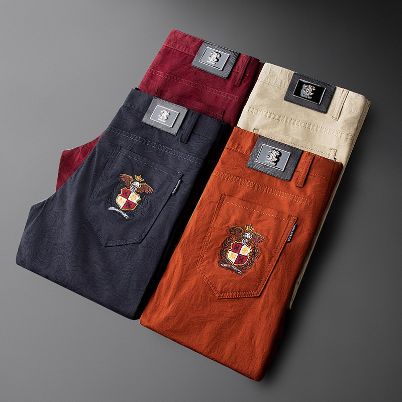 Spring Summer Quality Printed Casual Pants Male slim Breathable Men Embroidered Long Pants Trendy Colored Pants Men's feet