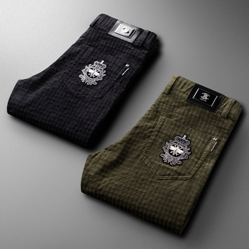 Autumn and winter plaid casual pants men's slim warm men's fashion quality stretch dark green corduroy pants men