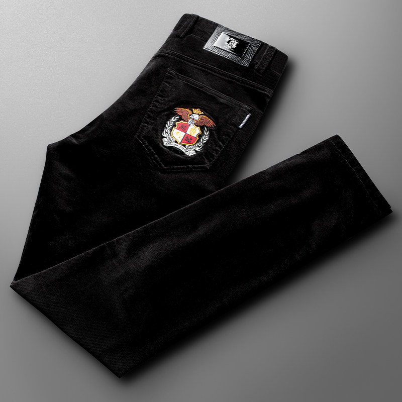 Break Code Clear Cabin Autumn Winter Black Casual Pants Men's Body Embroidery Men Business Warm Light Core Suede Pants Man Tide-Taobao