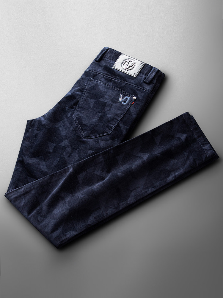 Quality winter slacks men's slim mid-rise men's soft blue printed corduroy pants men's thick models keep warm