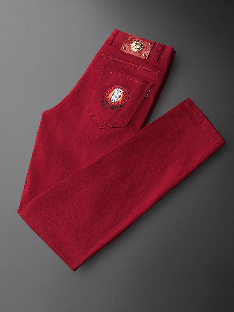Jack Duff spring and summer red jeans men's slim pants embroidery men's casual pants small feet trend