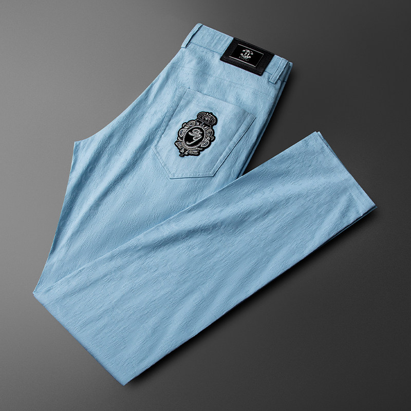 Broken Code Clearance Quality Assurance Summer Sky Blue Jacquard Casual Pants Men's Thin Men's Dark Pattern Printing Embroidery Pants