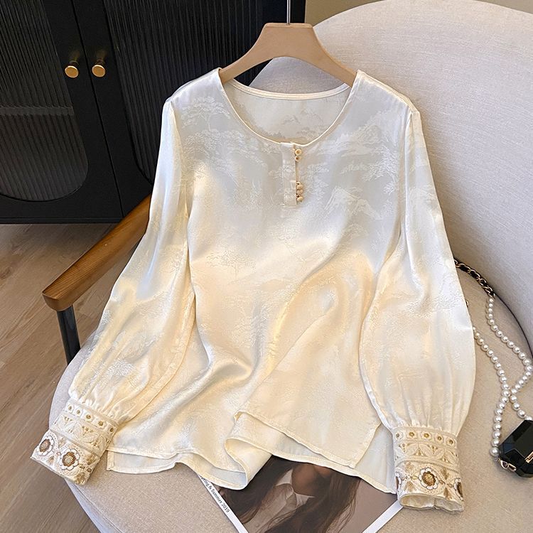 New Chinese-Style National Style Shirt with Vest, Satin Jacquard Embroidery Shirt, Retro Round Neck Long-Sleeved Top for Women in Autumn