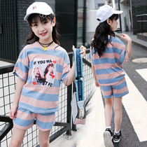 Girls' new summer set striped cotton linen two sets of Korean short-sleeved shorts leisure sports hot pants set tide