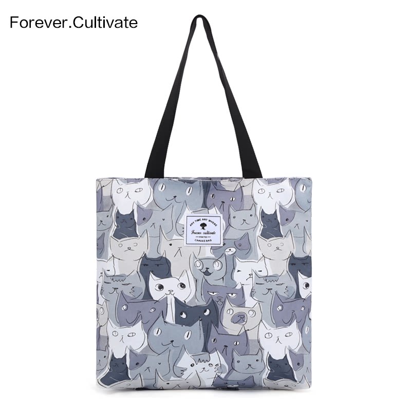 Forever cultivate Japan and South Korea all-in-one eco-friendly shopping bag Cute cat portable shoulder bag Women's big bag