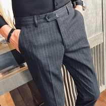 Gray vertical striped trousers men slim Korean fashion casual Joker small feet pants suit suit suit single pleated autumn