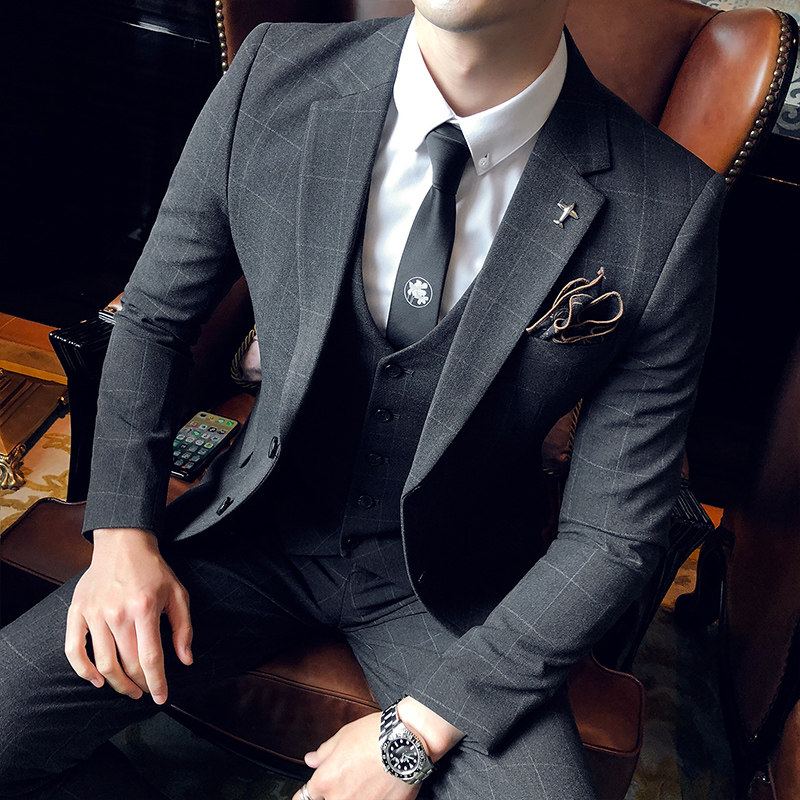 Plaid groom suit top man married three-piece suit suit British style dress business dress bridesmaid