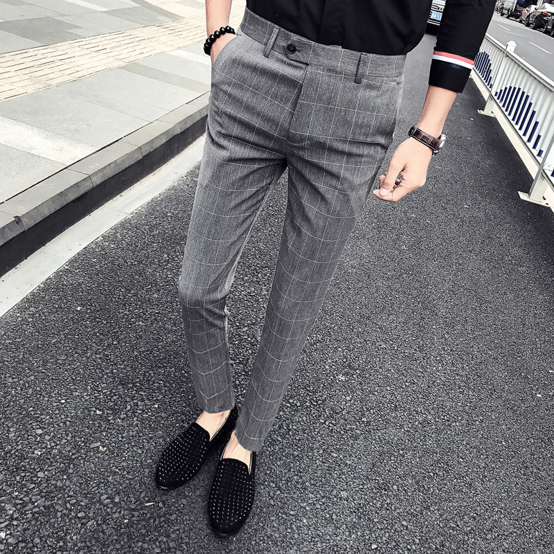 Plaid 90% pants male summer Korean version sashimi and casual little western pants trendy thin foot Inron suit pants man