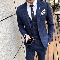 Striped suit male British Korean casual business dress decoration body trend Ruffian handsome suit suit suit suit set groom married