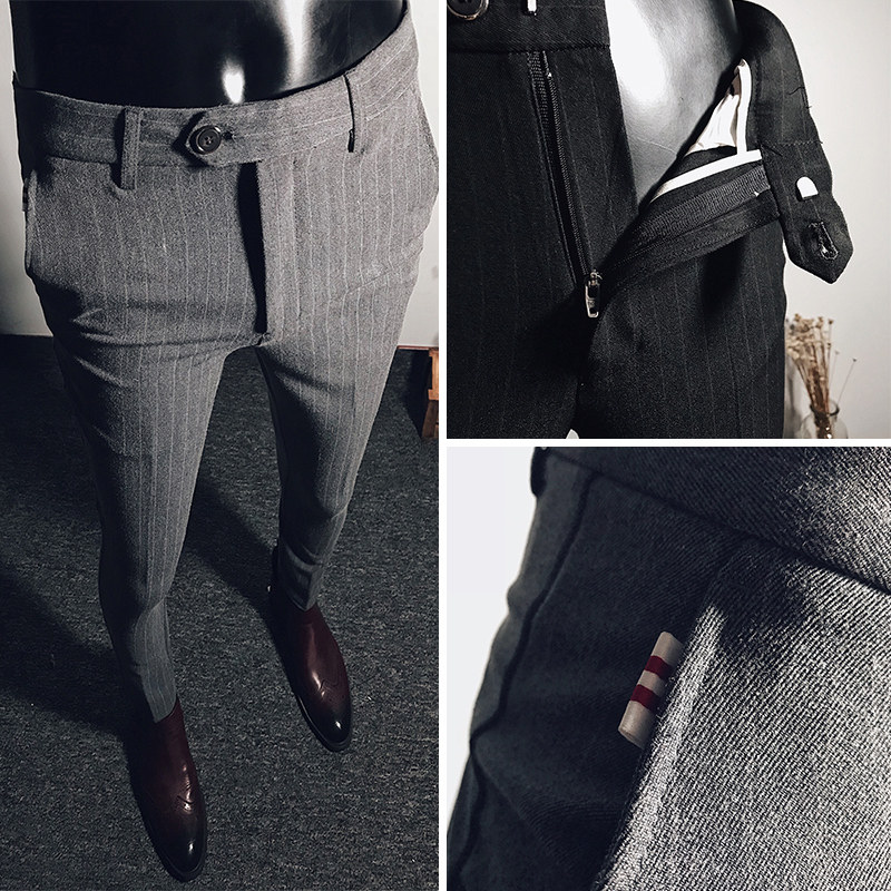 Male pants Leisure 100 hitch suit pants Korean version trendy small foot western pants men long pants striped little western pants summer