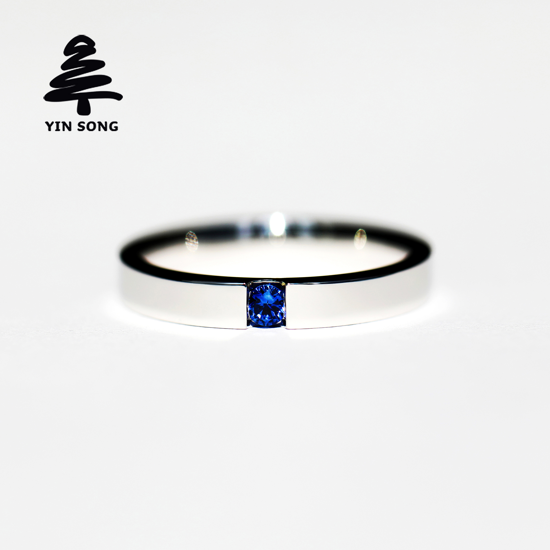 テンションインレイラウンドサファイアリング Yinsongジュエリー 925シルバー天然サファイアメンズとレディースリング
