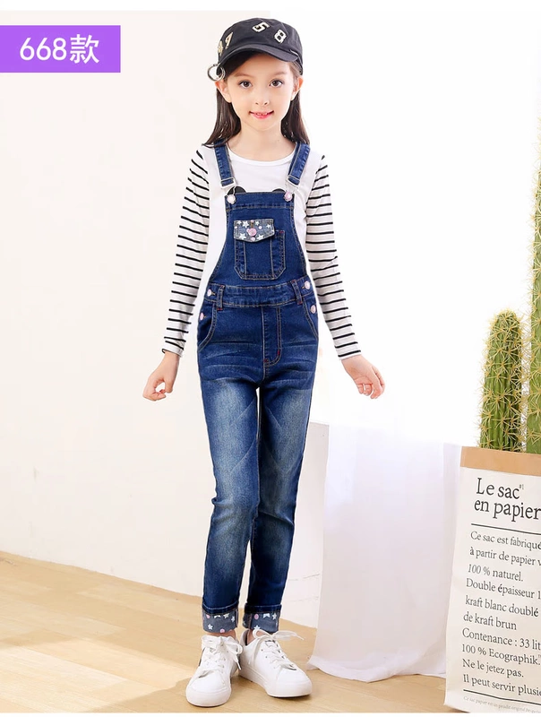 Bộ đồ yếm cho bé gái 2018 mùa xuân mới phiên bản Hàn Quốc 6-13 tuổi Cậu bé denim hai mảnh yếm trẻ em