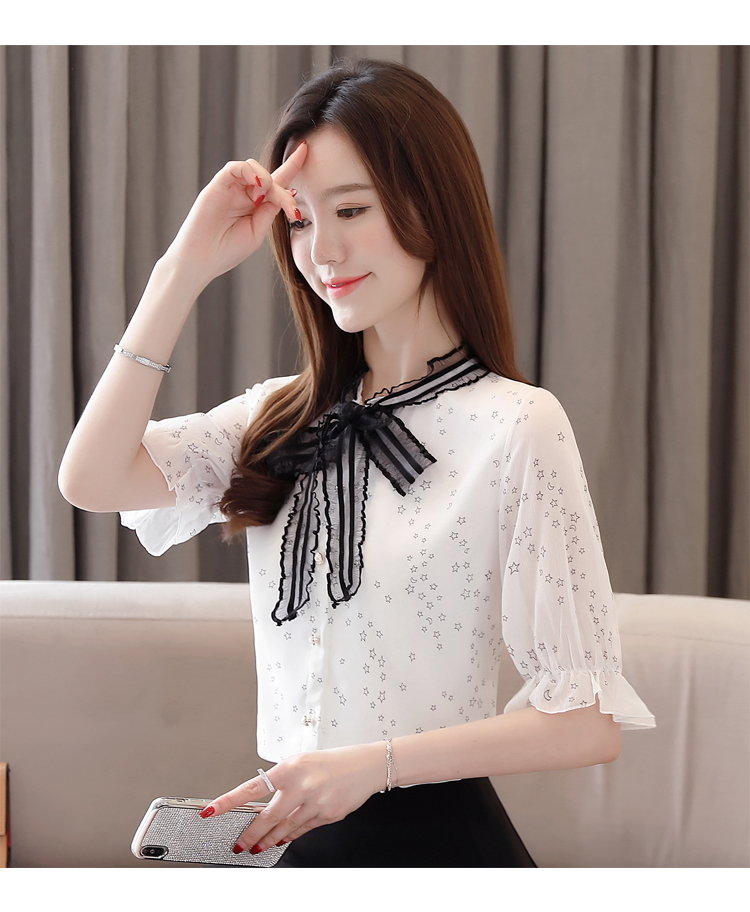 VK旗艦店 韓國風雪紡衫蝴蝶結系帶領星星印花長袖上衣