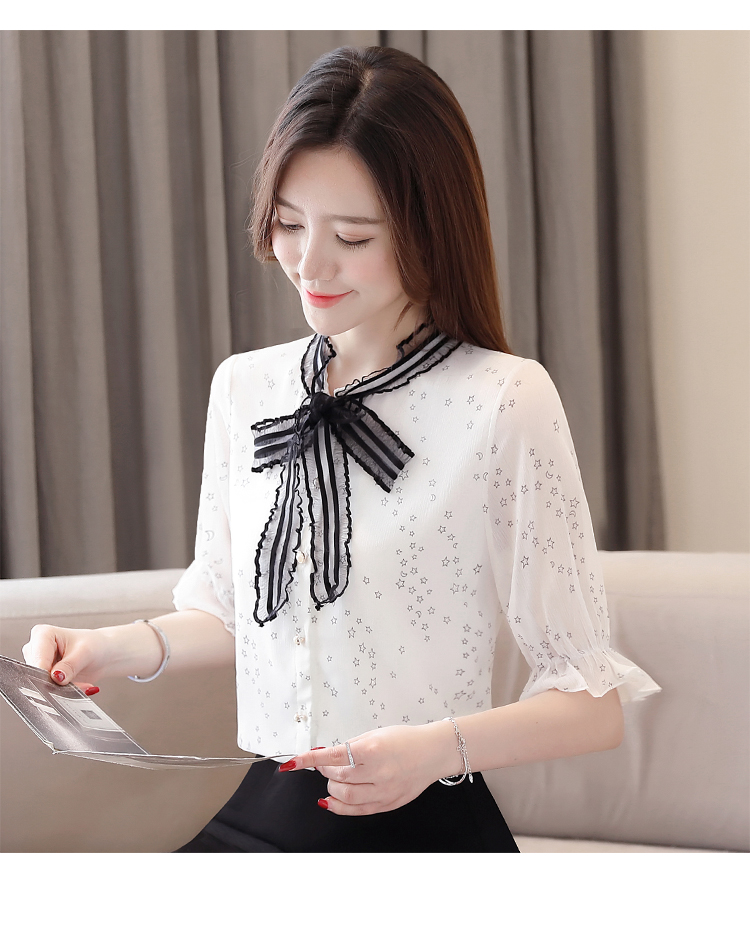 VK旗艦店 韓國風雪紡衫蝴蝶結系帶領星星印花長袖上衣